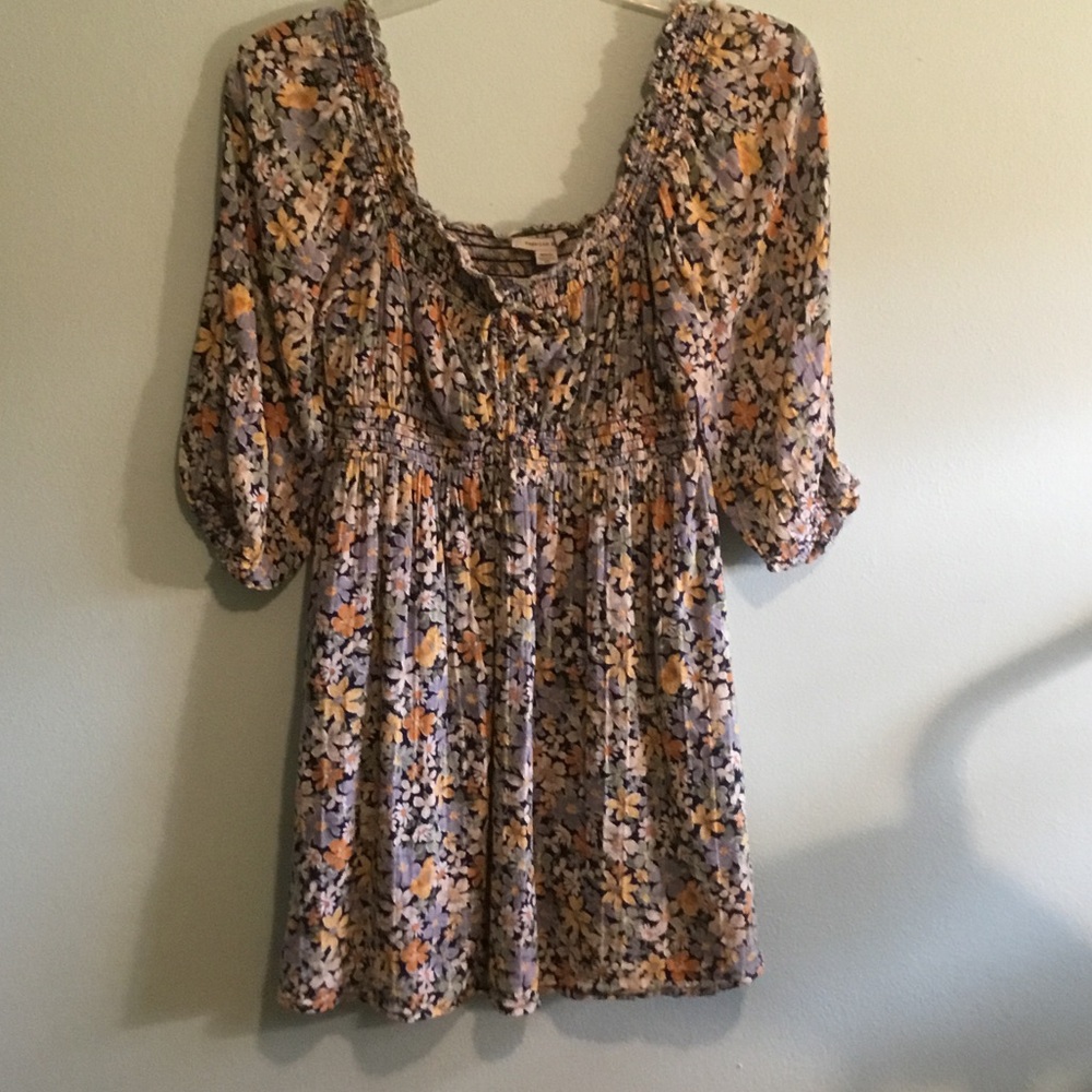 American Eagle Outfitters Blue Floral Mini Dress with Yellow Accents